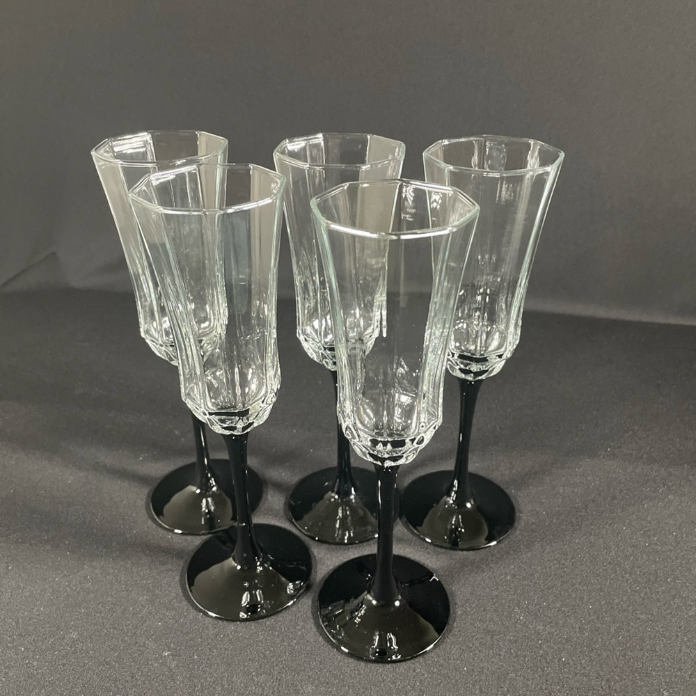 Vintage Luminarc Octime France Black Stem  Champagne Flutes Faceted Paneled (5))